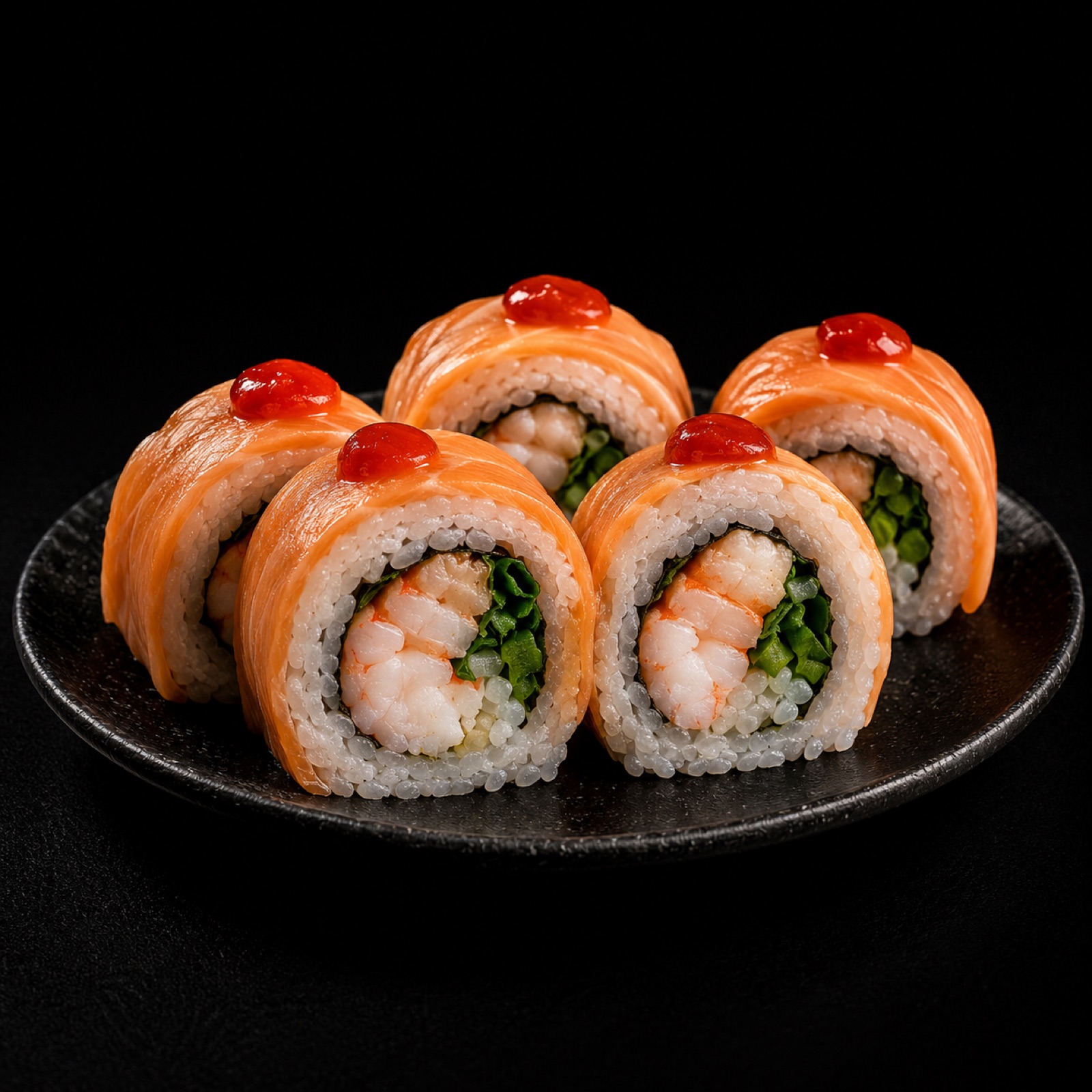Roll gourmet Flaming sobre plato negro